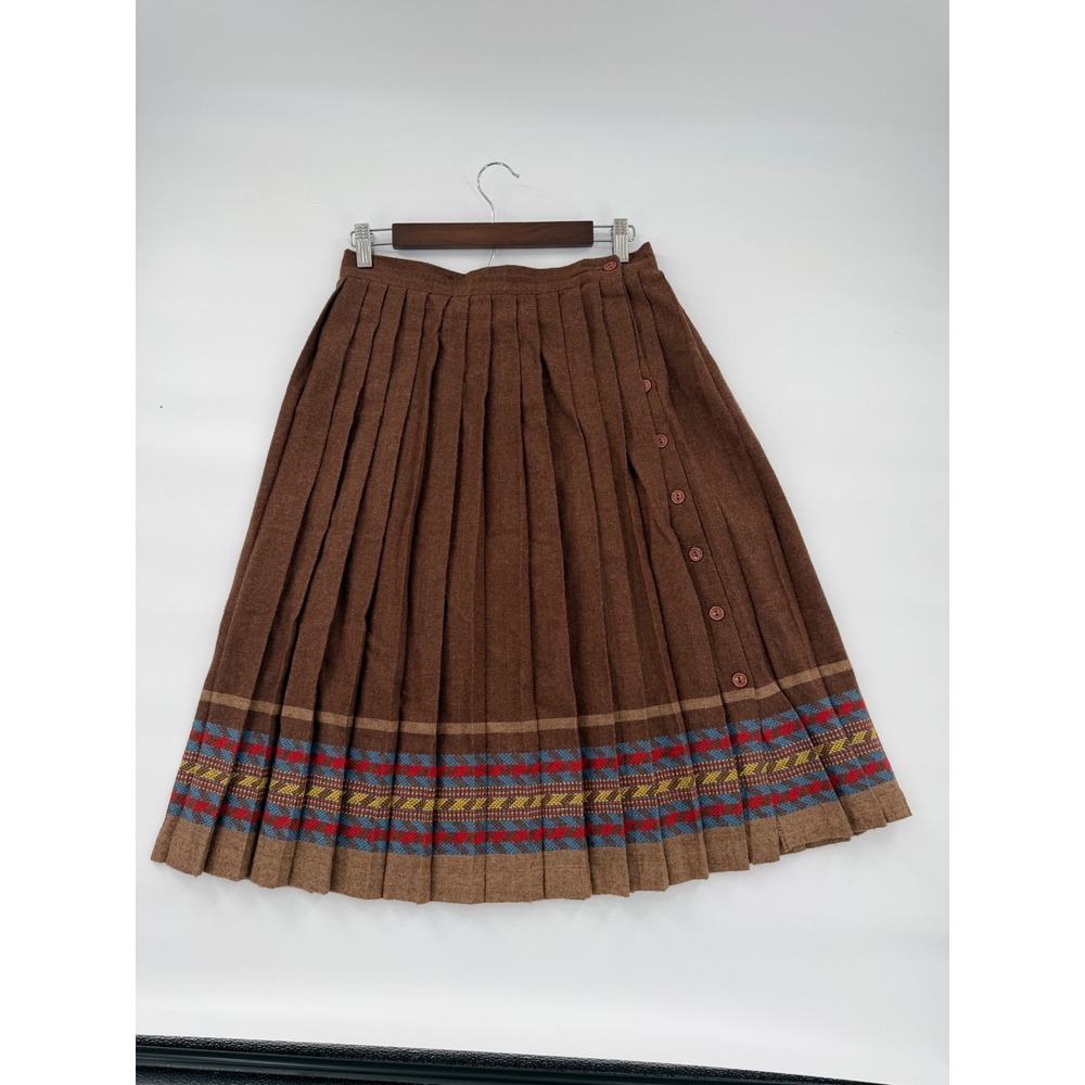 Vintage Impeccable Brown Pleated Midi Skirt Side Button Fair Isle Hem Size 13-14